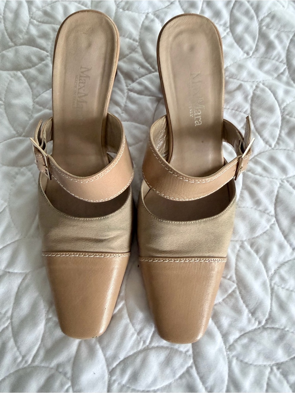 MaxMara Tan Beige Leather Slingback Mules